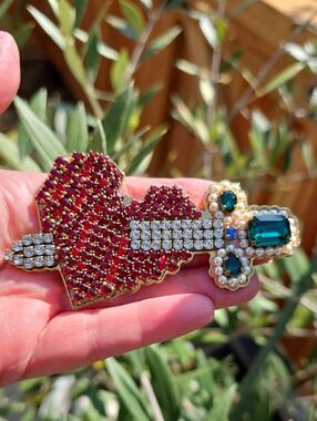Shourouk Red and Emerald Colored Sword Brooch with Pearls and Crystals